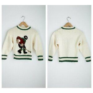 Vintage Handmade Hockey Motif Ivory Long Sleeve Pullover  Boys